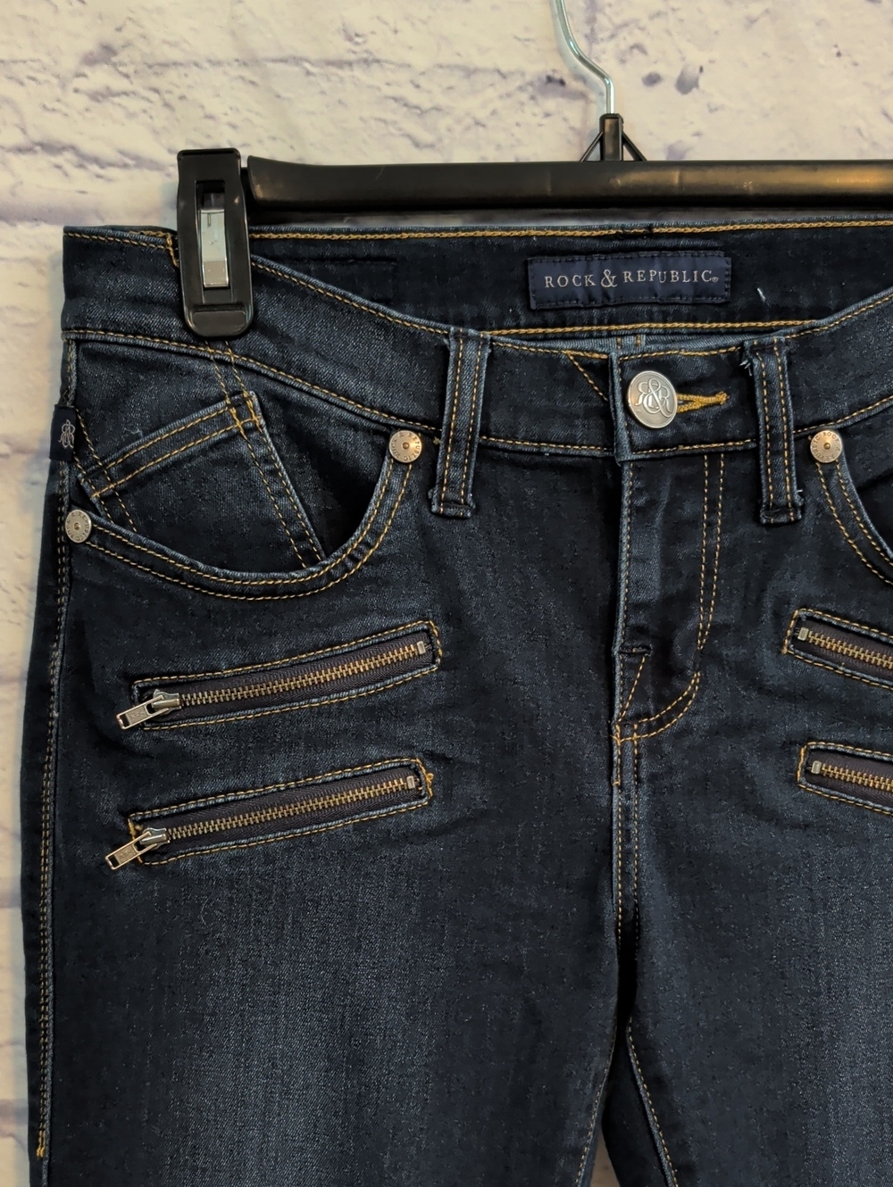 Rock & Republic Dark Indigo Skinny Jeans w/ Moto Zippers - Size 8 M - Picture 2 of 7